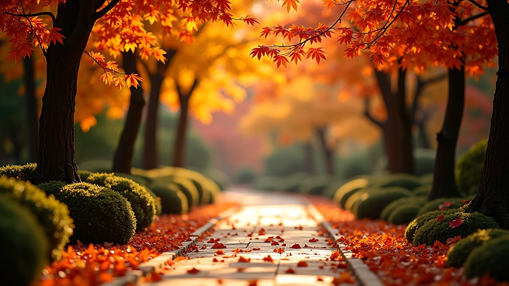 秋季花園中金黃與紅褐色的落葉鋪滿地面，樹木逐漸褪去綠色，呈現溫暖的過渡色調，象徵季節的轉變