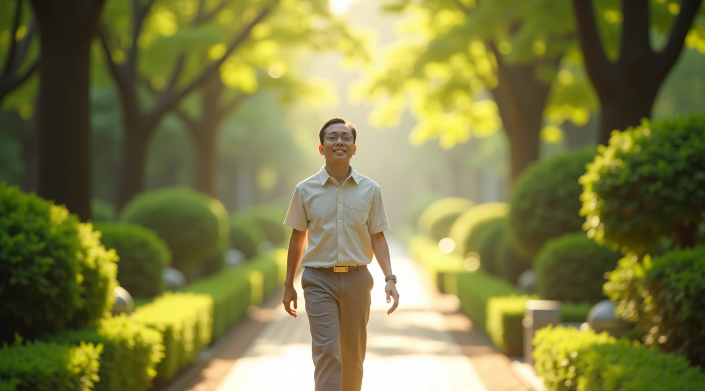 初學者在寶蓮寺花園中進行行走冥想練習，享受寧靜環境