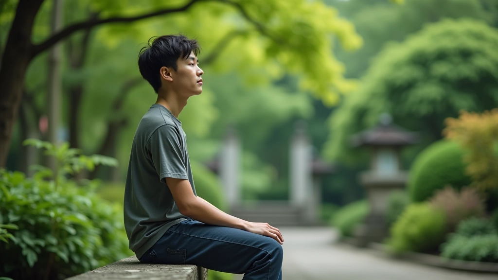 花園中一個人坐在石凳上休息，展示正確的休息姿態和思考表情