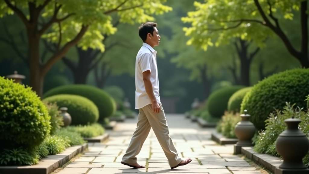 花園石板路上人物緩慢行走的側面視圖，展示放鬆的身體姿態和自然步伐