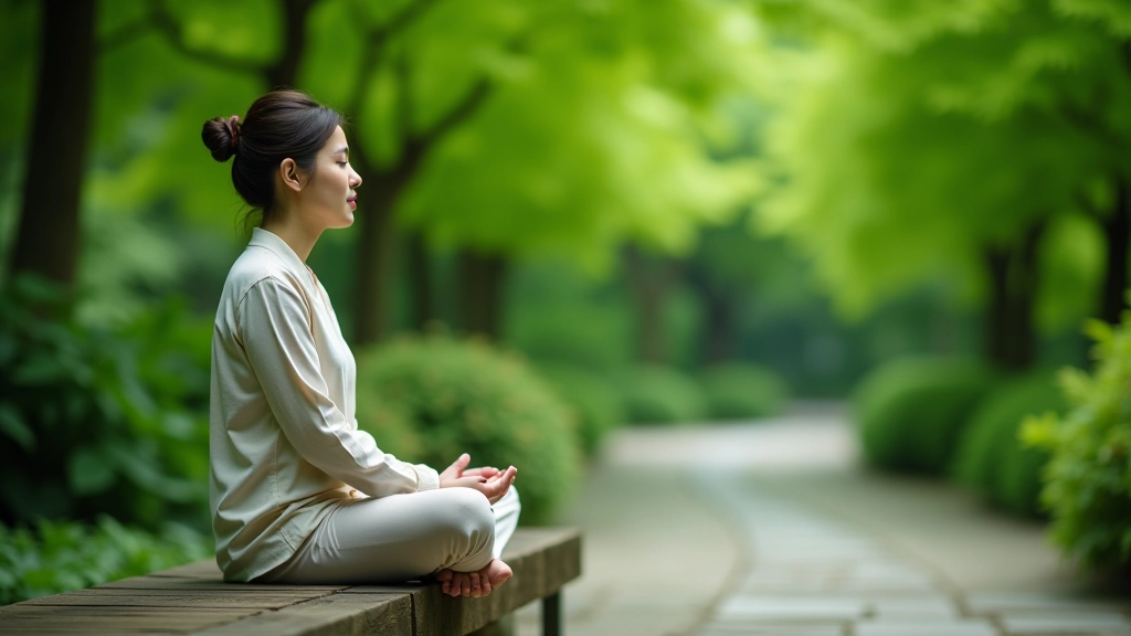 寶蓮寺花園中靜坐者坐在石板路邊，身後是翠綠的樹木和寧靜的環境