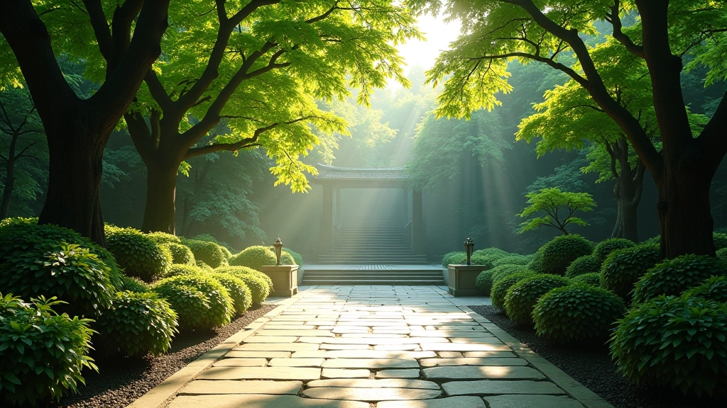寺廟花園中的靜坐區域，陽光透過樹葉灑落，展示冥想和觀察的理想環境