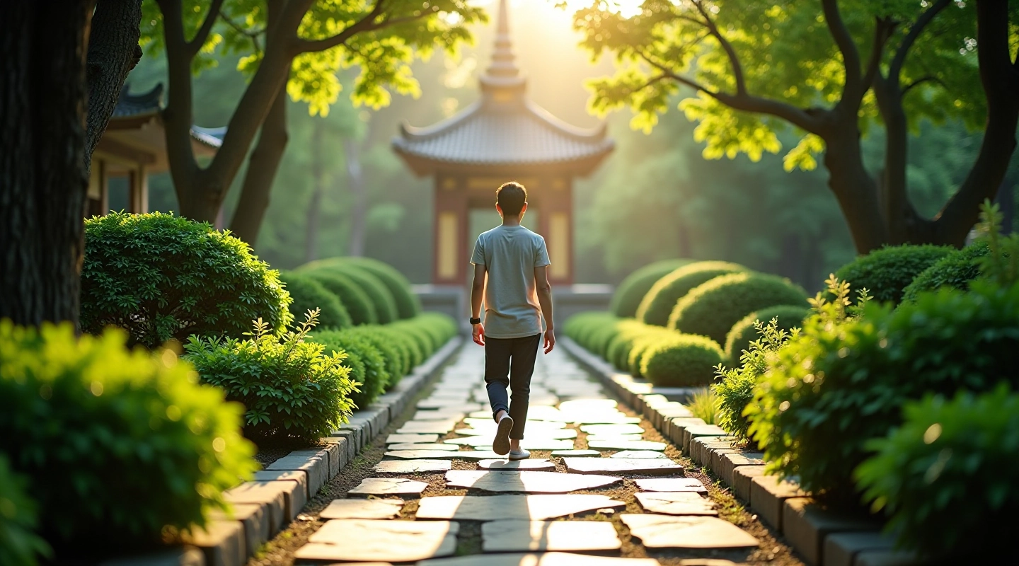 寺廟花園中靜坐冥想的人物，周圍環繞著綠色植物和石板路