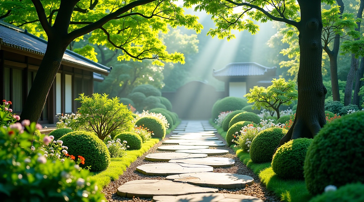 寶蓮寺花園的寧靜石板路和綠色植物