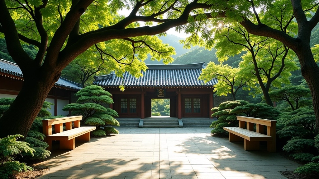 寶蓮寺花園的靜坐區域，周圍有木製長椅和古樹