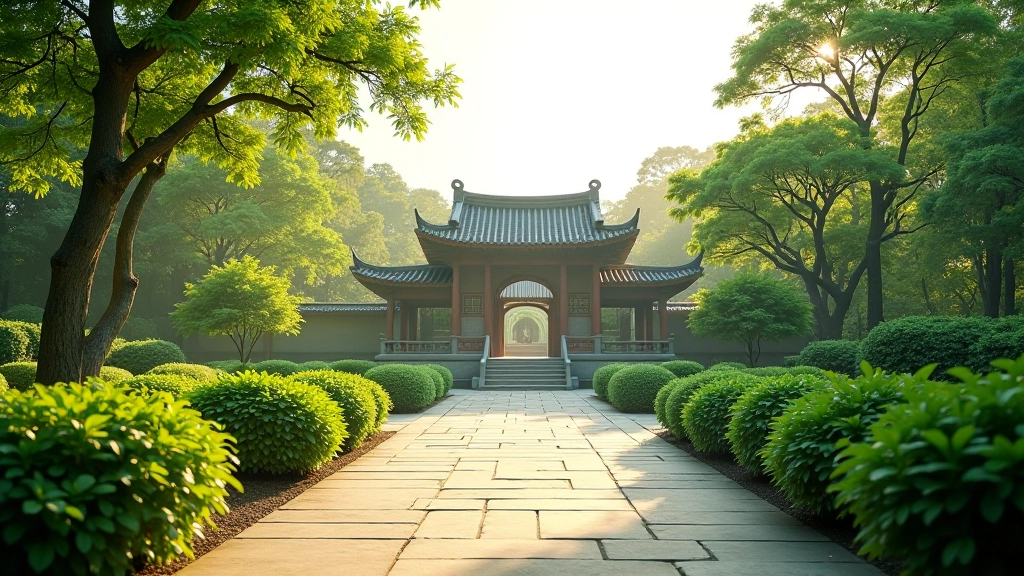 寶蓮寺花園中靜坐的人物，背景為古老的寺廟建築與蒼翠植物